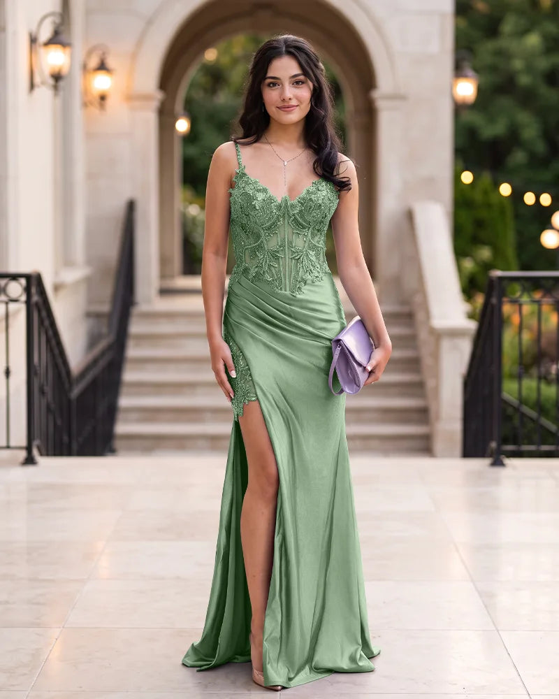 Spaghetti Straps Lace Beaded Mermaid Prom Dress