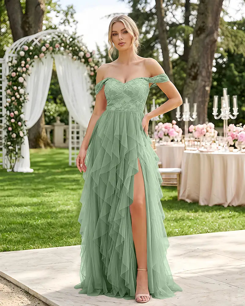 Off Shoulder Lace Ruffle Tulle Evening Dress With Slit