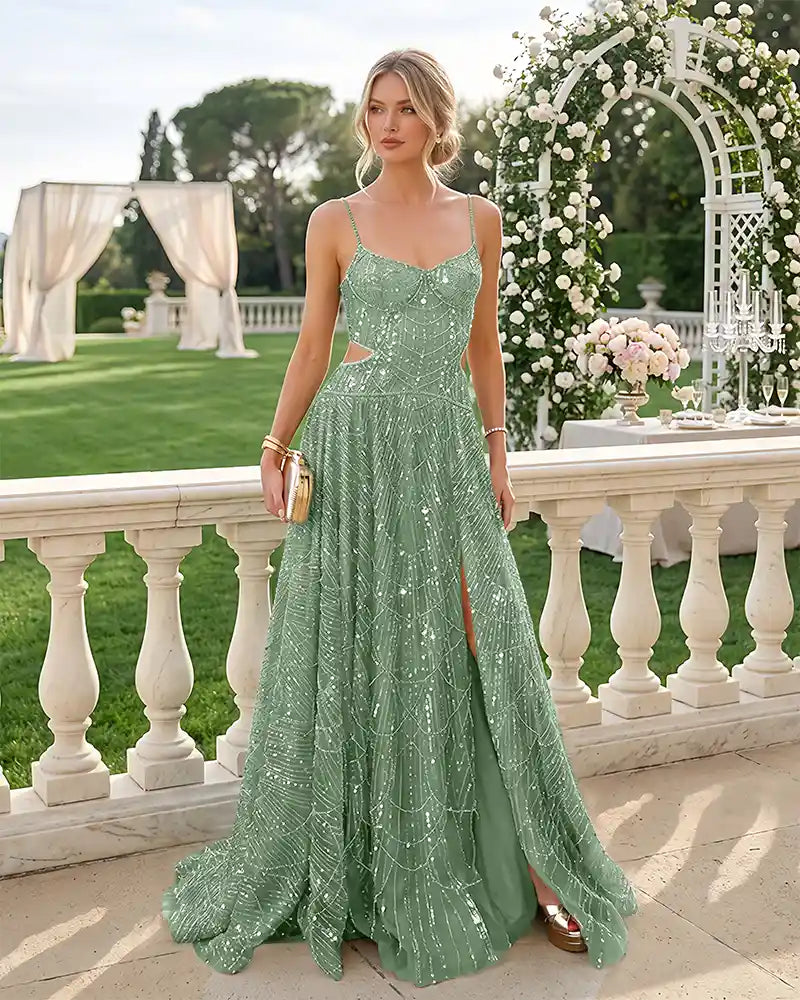 Spaghetti Strap Beaded Side Cutout High Slit Evening Gown