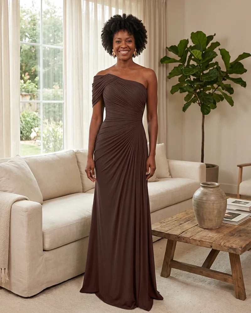 Off-the-Shoulder-Ruched-Mermaid-Corset-Back-Bridesmaid-Dress-Brown-1