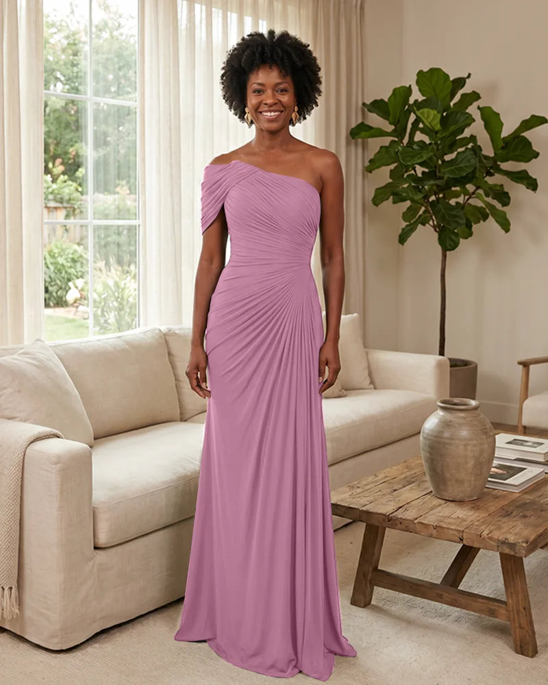 Off-the-Shoulder-Ruched-Mermaid-Corset-Back-Bridesmaid-Dress-Candy-Pink-1