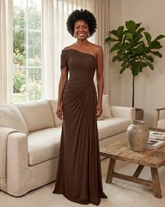 Off-the-Shoulder-Ruched-Mermaid-Corset-Back-Bridesmaid-Dress-Chocolate-1