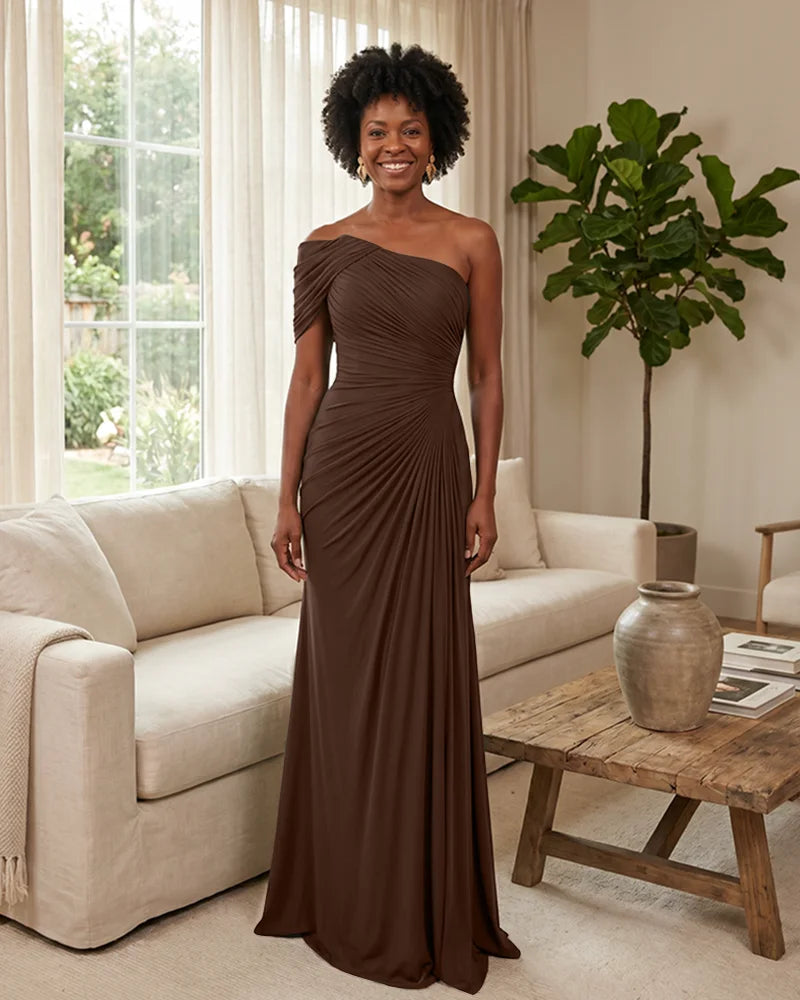 Off-the-Shoulder-Ruched-Mermaid-Corset-Back-Bridesmaid-Dress-Chocolate-1