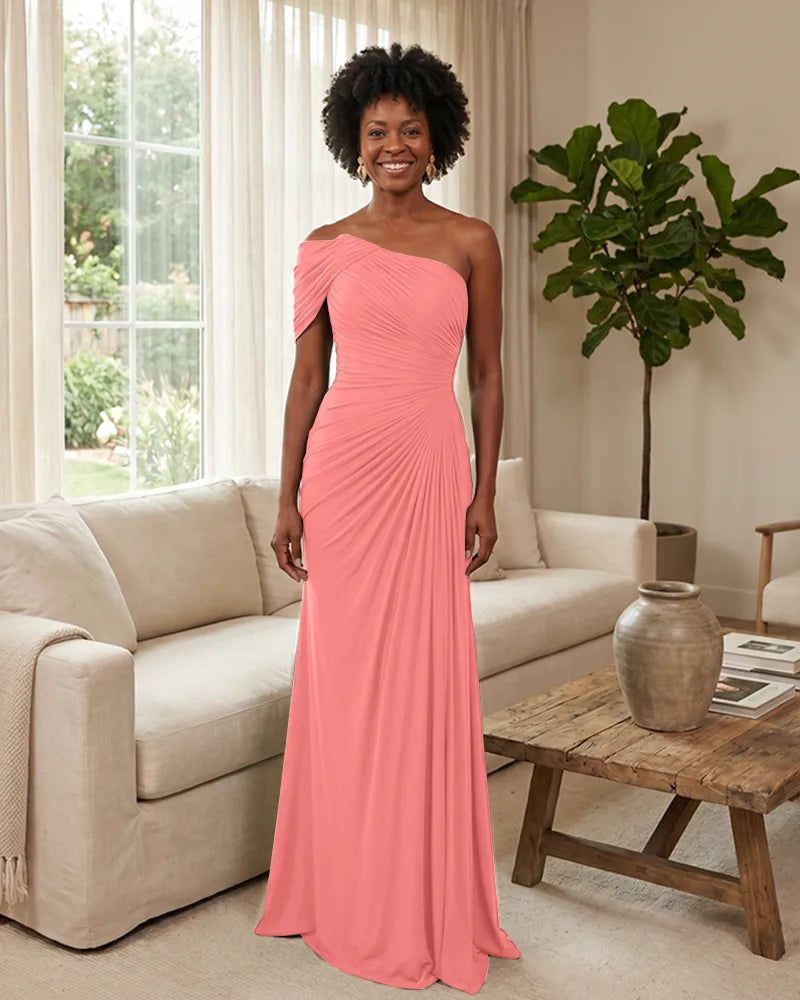 Off-the-Shoulder-Ruched-Mermaid-Corset-Back-Bridesmaid-Dress-Coral-1