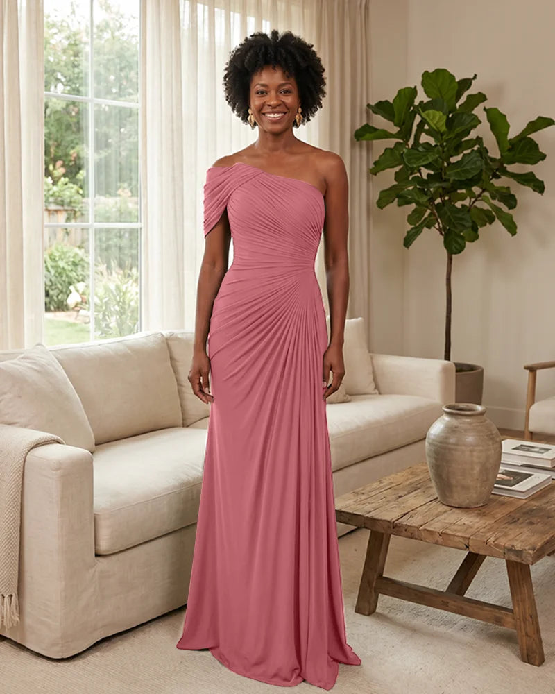 Off-the-Shoulder-Ruched-Mermaid-Corset-Back-Bridesmaid-Dress-Flamingo-1