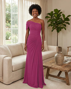 Off-the-Shoulder-Ruched-Mermaid-Corset-Back-Bridesmaid-Dress-Fuchsia-1