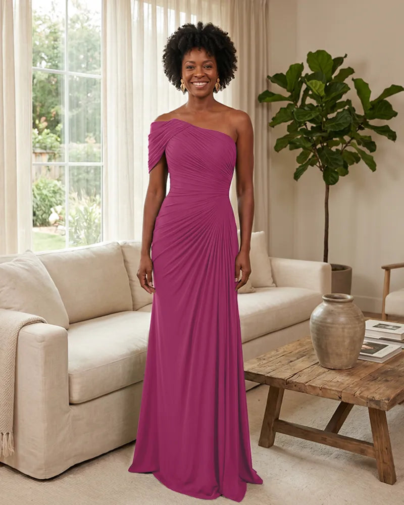 Off-the-Shoulder-Ruched-Mermaid-Corset-Back-Bridesmaid-Dress-Fuchsia-1