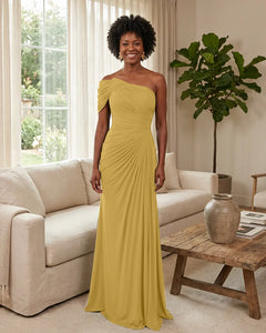 Off-the-Shoulder-Ruched-Mermaid-Corset-Back-Bridesmaid-Dress-Gold-1