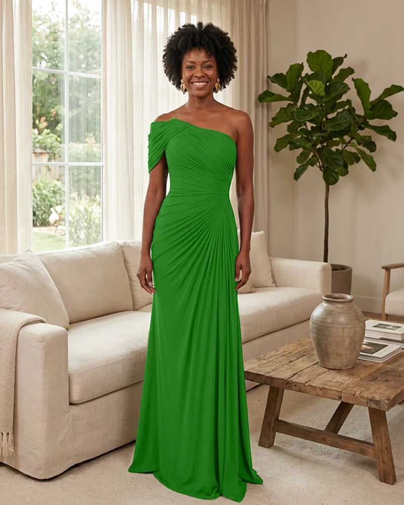 Off-the-Shoulder-Ruched-Mermaid-Corset-Back-Bridesmaid-Dress-Green-1