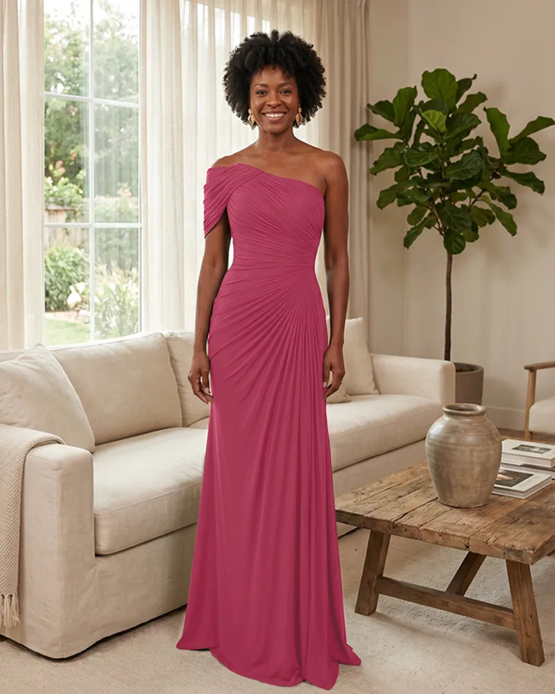 Off-the-Shoulder-Ruched-Mermaid-Corset-Back-Bridesmaid-Dress-Hot-Pink-1