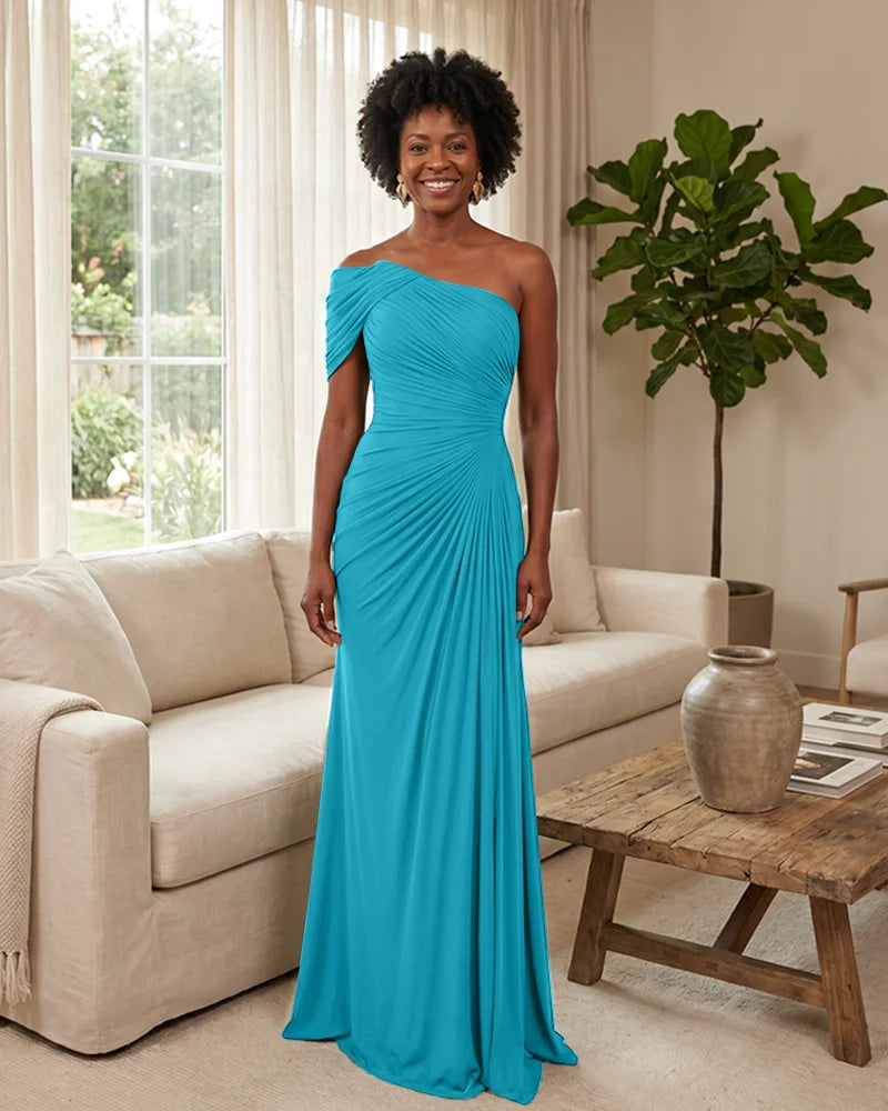 Off-the-Shoulder-Ruched-Mermaid-Corset-Back-Bridesmaid-Dress-Pool-1