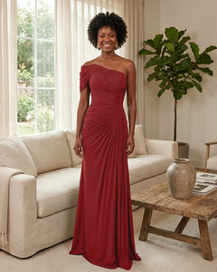 Off-the-Shoulder-Ruched-Mermaid-Corset-Back-Bridesmaid-Dress-Red-1