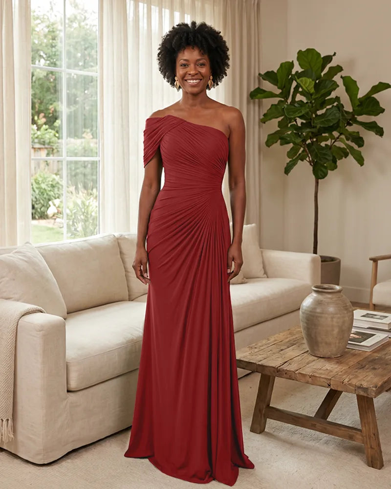 Off-the-Shoulder-Ruched-Mermaid-Corset-Back-Bridesmaid-Dress-Red-1