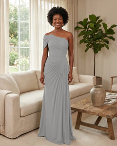 Off-the-Shoulder-Ruched-Mermaid-Corset-Back-Bridesmaid-Dress-Silver-1