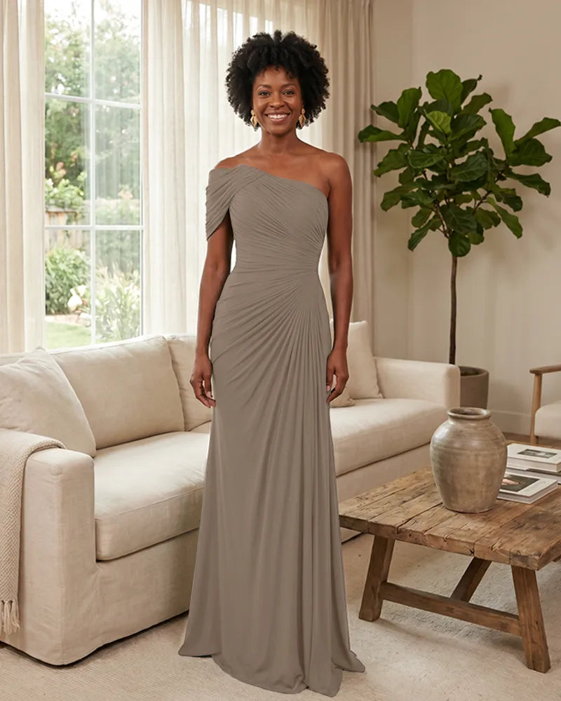 Off-the-Shoulder-Ruched-Mermaid-Corset-Back-Bridesmaid-Dress-Taupe-1