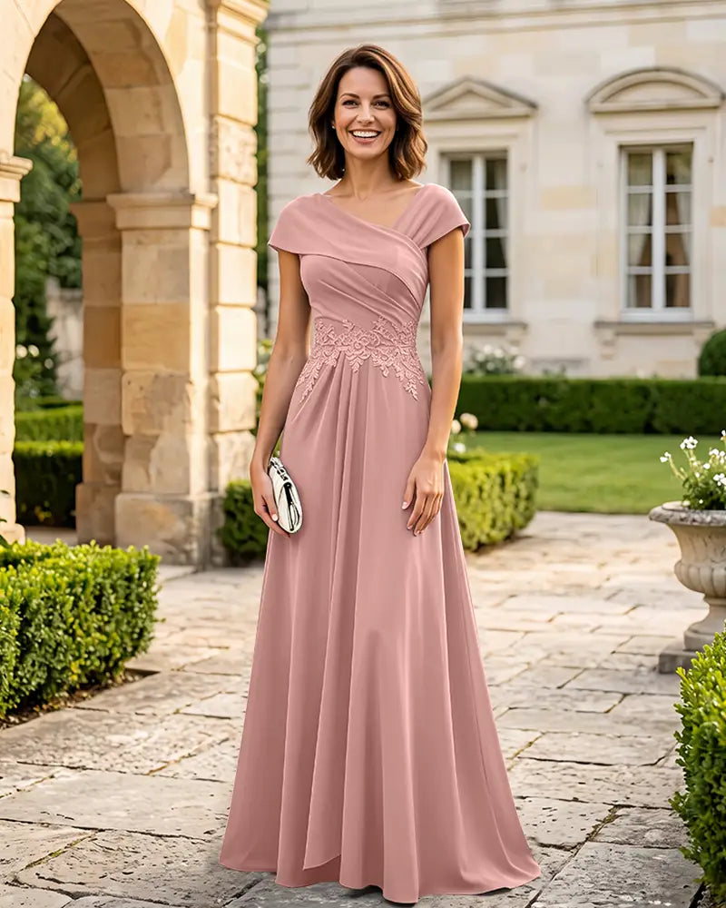 Cap Sleeve Mother of the Bride Dress With Floral Lace Waist