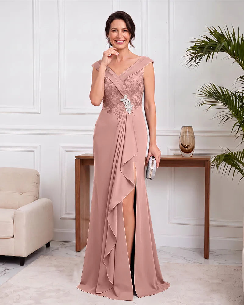 V Neck Cap Sleeve Mother of the Bride Dress With Side Slit