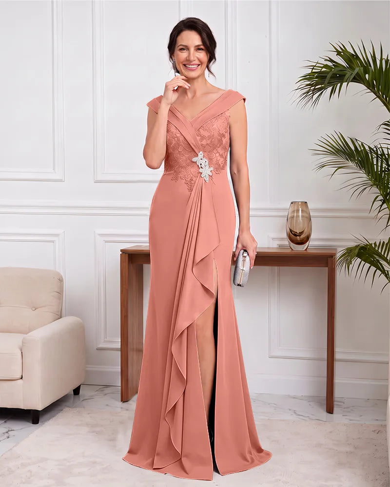 V Neck Cap Sleeve Mother of the Bride Dress With Side Slit
