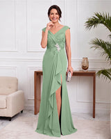 V Neck Cap Sleeve Mother of the Bride Dress With Side Slit