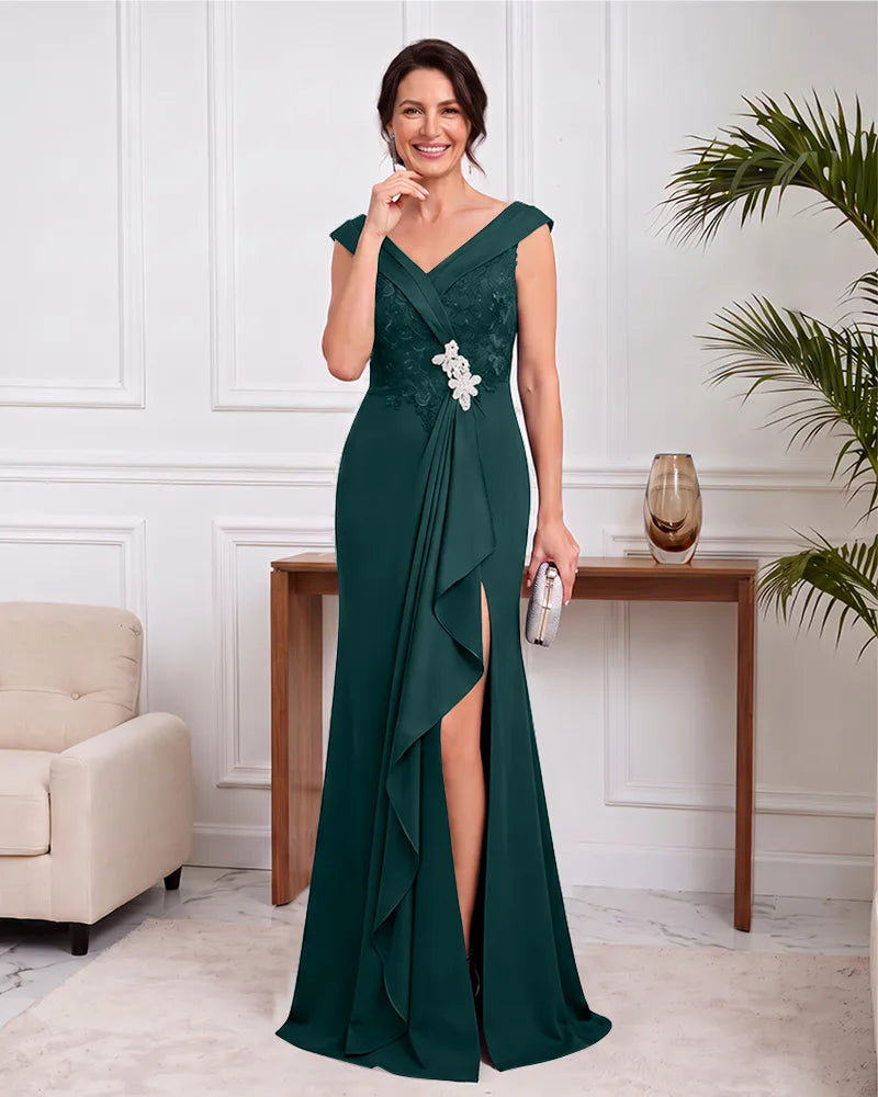 V Neck Cap Sleeve Mother of the Bride Dress With Side Slit