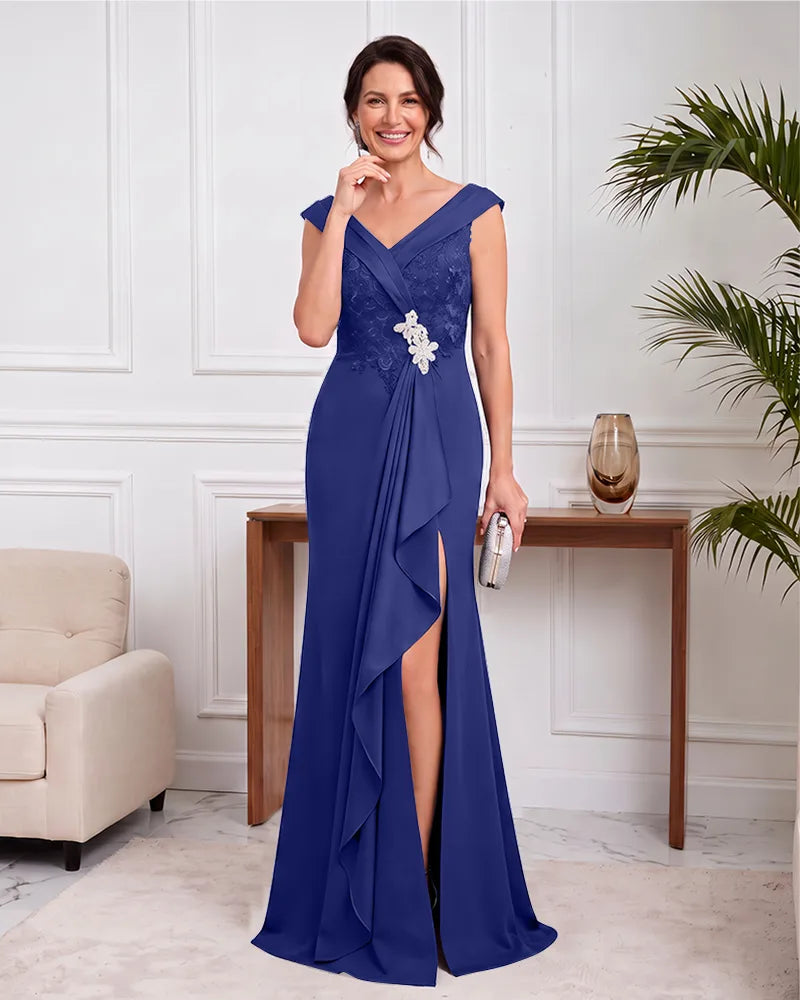 V Neck Cap Sleeve Mother of the Bride Dress With Side Slit