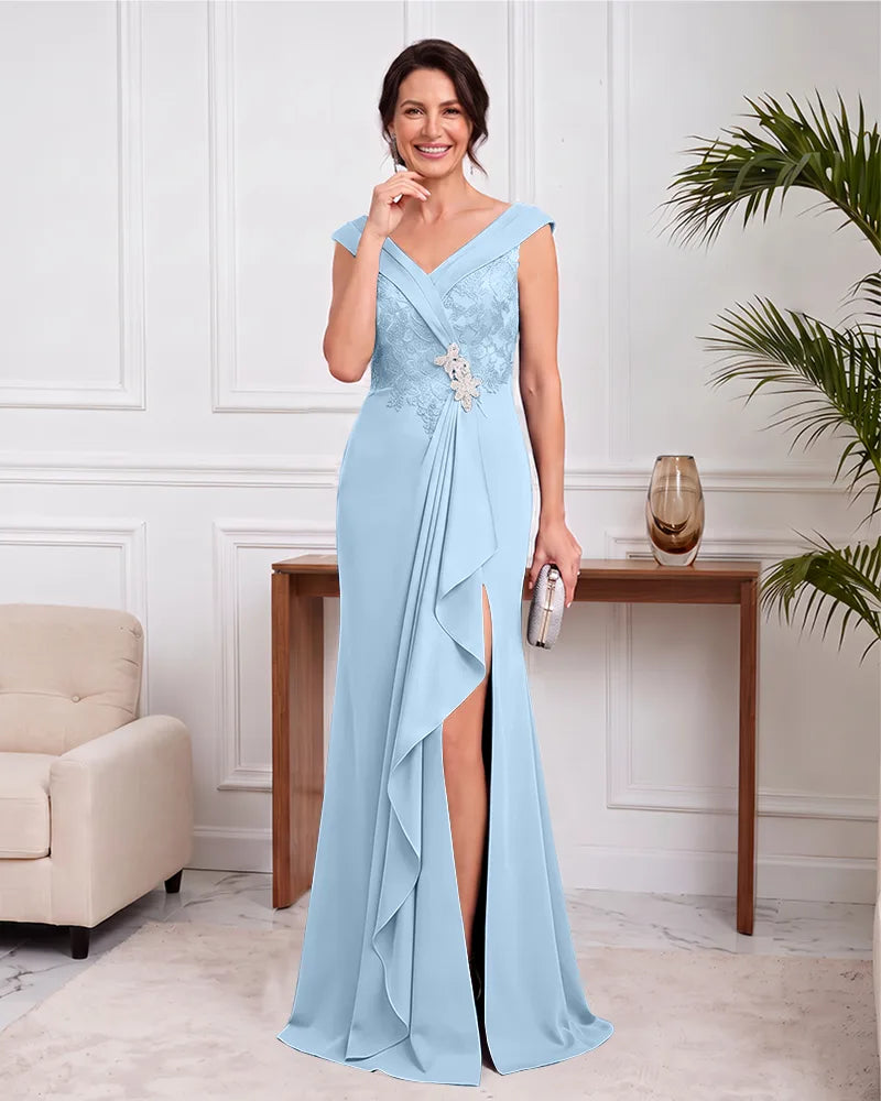 V Neck Cap Sleeve Mother of the Bride Dress With Side Slit