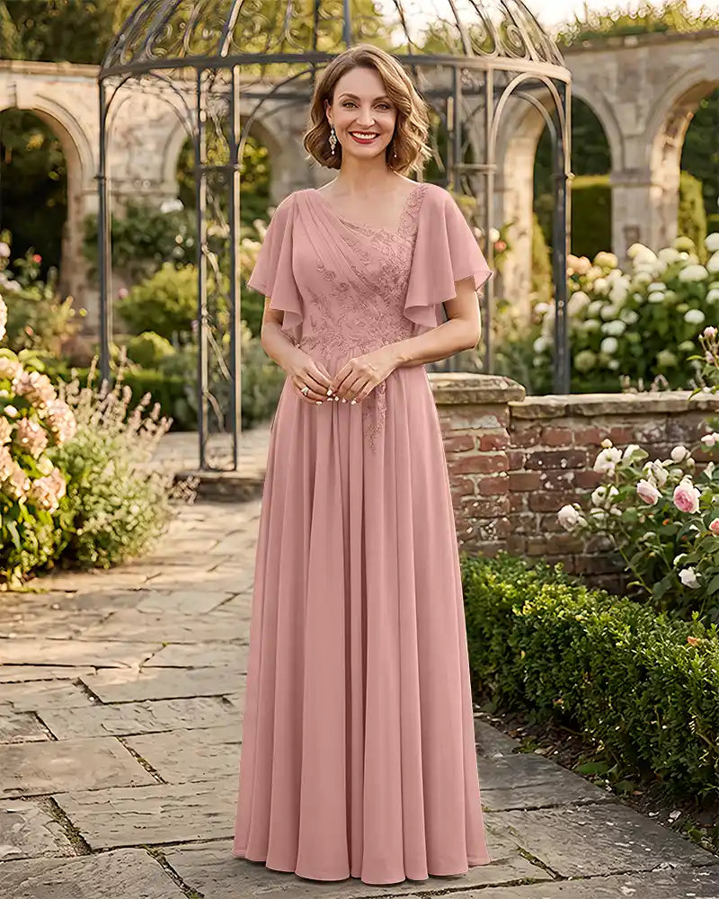 Asymmetrical Neck Mother of the Bride Dress Flutter Sleeve