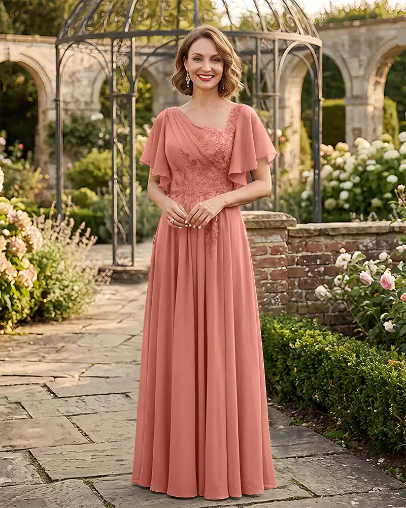 Asymmetrical Neck Mother of the Bride Dress Flutter Sleeve