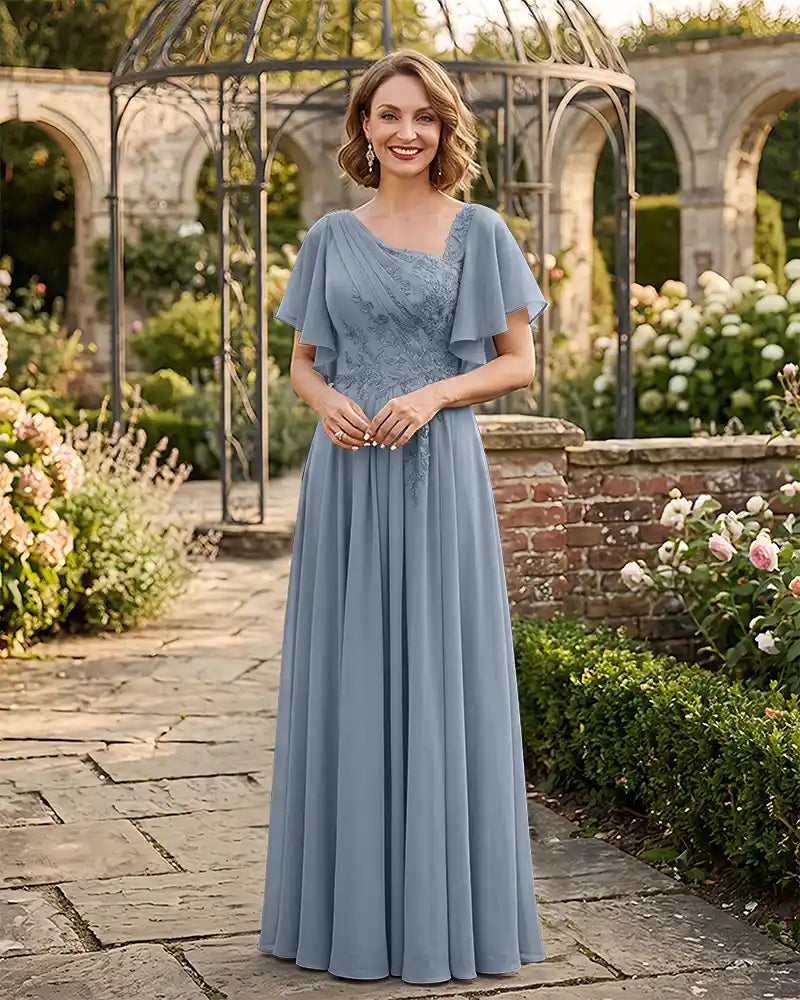 Asymmetrical Neck Mother of the Bride Dress Flutter Sleeve