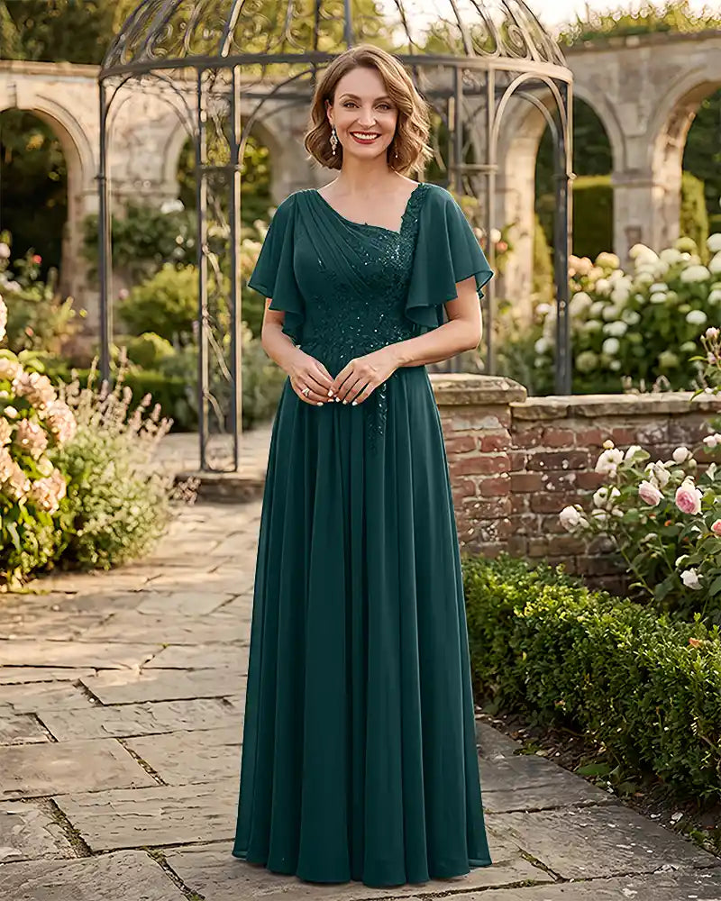 Asymmetrical Neck Mother of the Bride Dress Flutter Sleeve