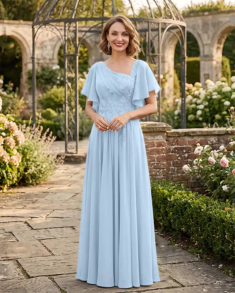 Asymmetrical Neck Mother of the Bride Dress Flutter Sleeve