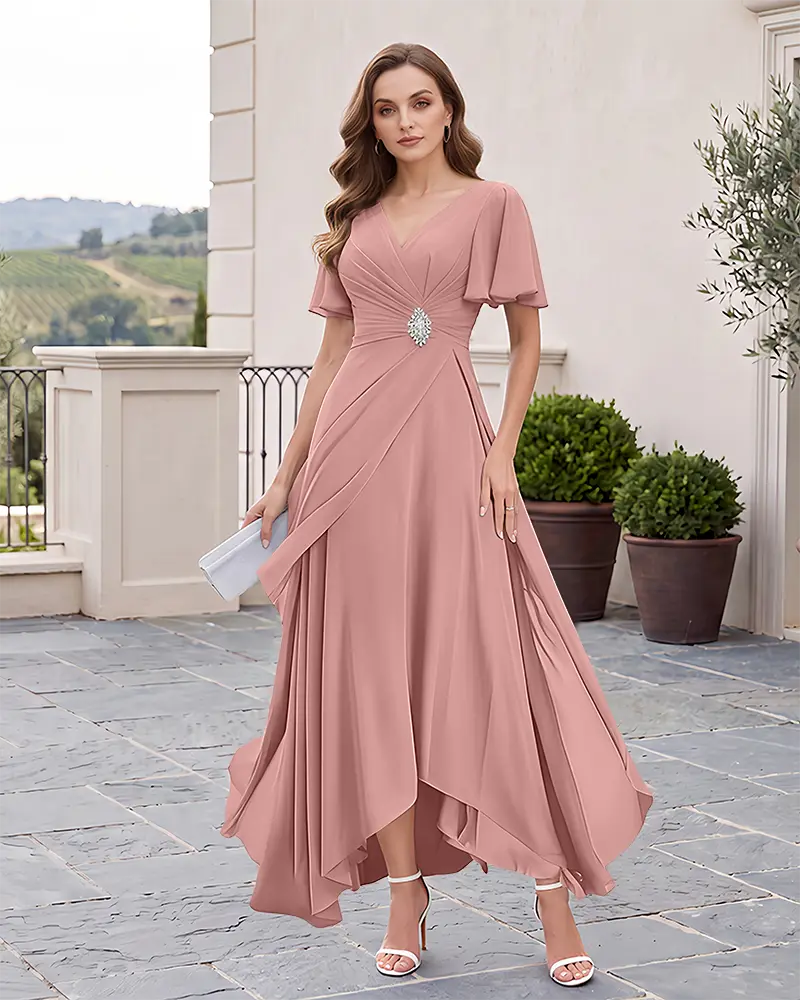 High‑Low Mother of the Bride Dress with Flutter Sleeves