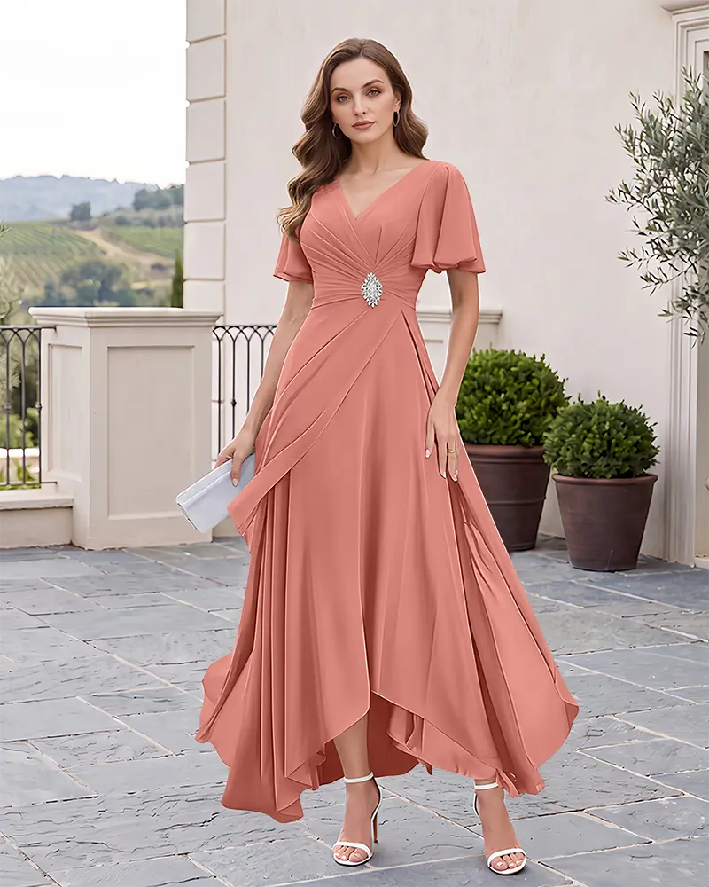 High‑Low Mother of the Bride Dress with Flutter Sleeves
