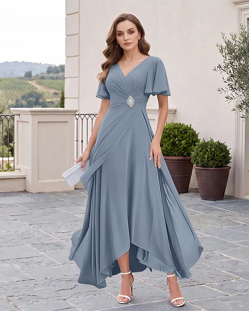 High‑Low Mother of the Bride Dress with Flutter Sleeves