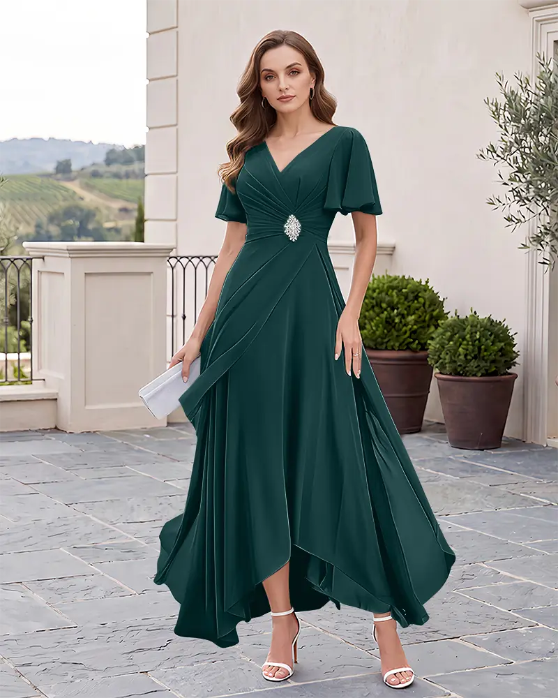 High‑Low Mother of the Bride Dress with Flutter Sleeves