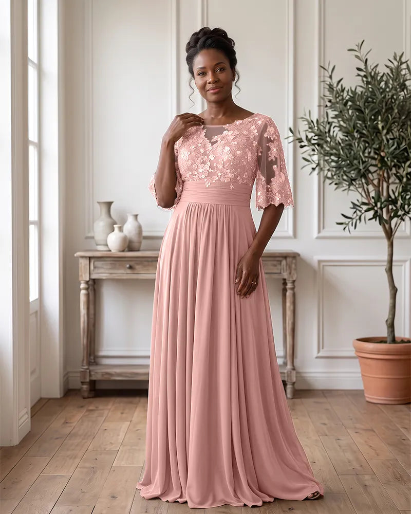 Ruched Waist Lace Bodice Chiffon Mother of the Bride Dress