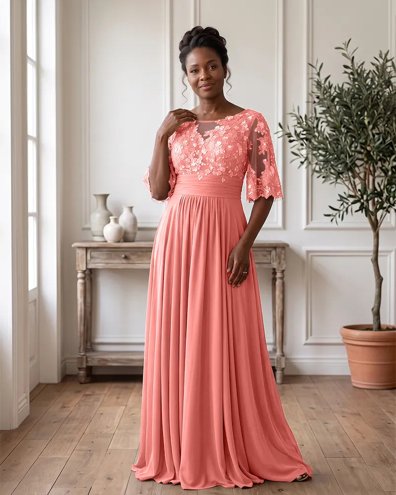 Ruched Waist Lace Bodice Chiffon Mother of the Bride Dress