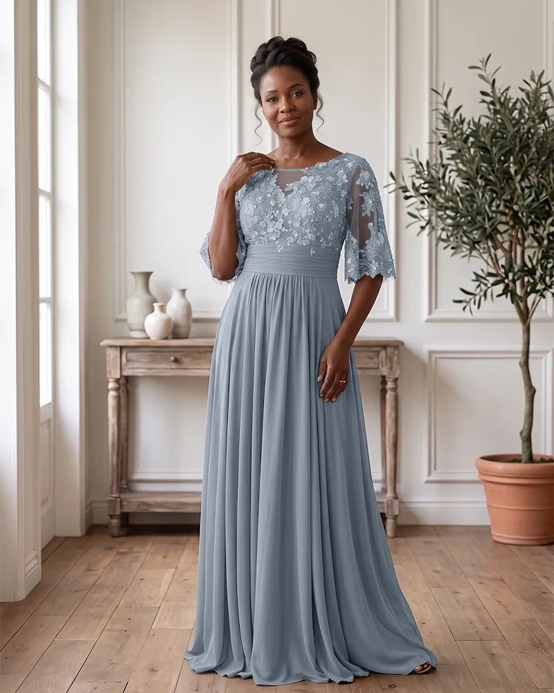 Ruched Waist Lace Bodice Chiffon Mother of the Bride Dress