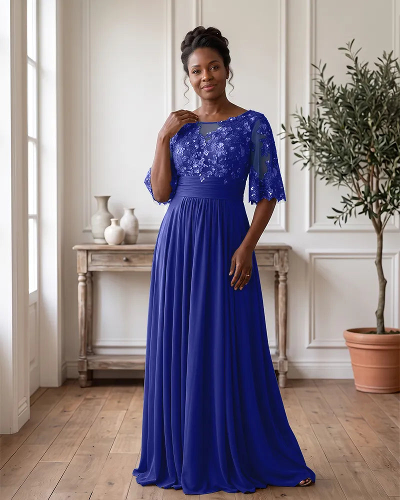 Ruched Waist Lace Bodice Chiffon Mother of the Bride Dress