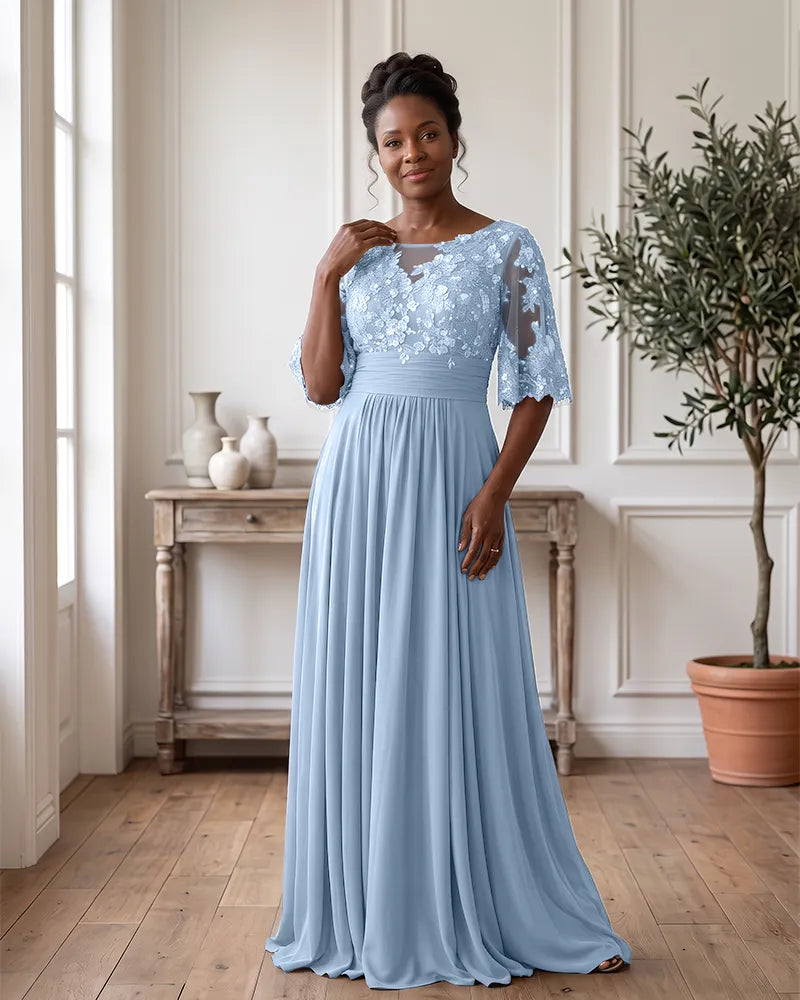 Ruched Waist Lace Bodice Chiffon Mother of the Bride Dress
