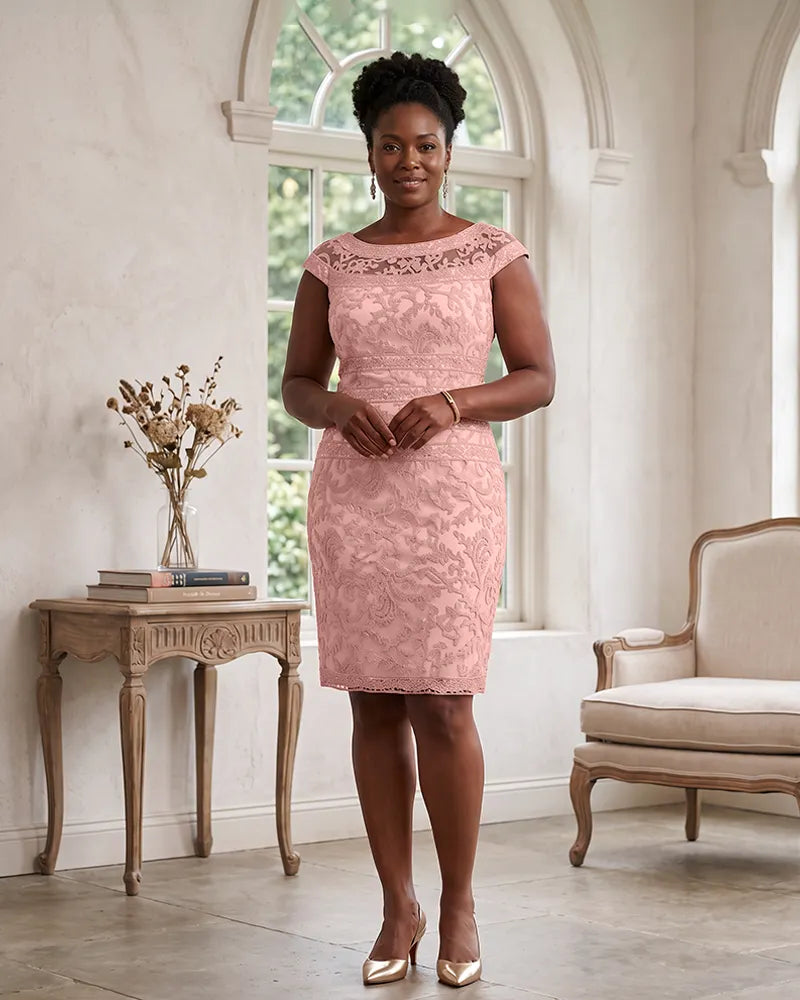 Cap Sleeve Embroidered Lace Sheath Mother of the Bride Dress