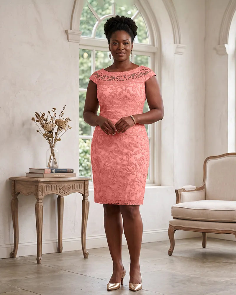 Cap Sleeve Embroidered Lace Sheath Mother of the Bride Dress