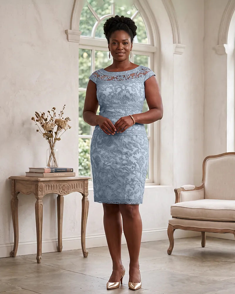 Cap Sleeve Embroidered Lace Sheath Mother of the Bride Dress