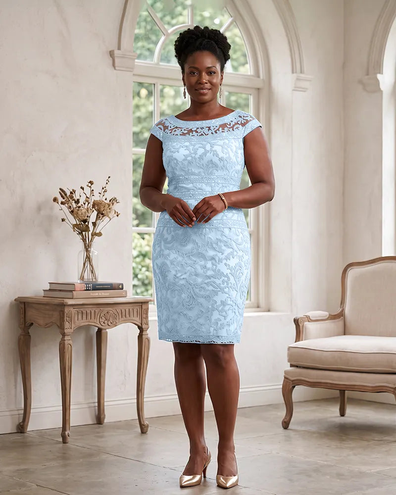 Cap Sleeve Embroidered Lace Sheath Mother of the Bride Dress