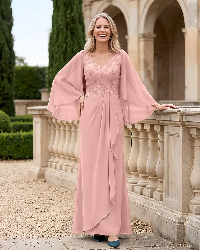 Bell Sleeves Lace Bodice Chiffon Mother of the Bride Dress