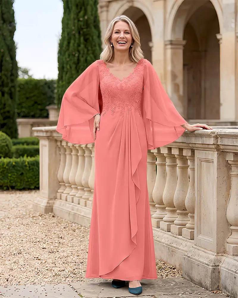 Bell Sleeves Lace Bodice Chiffon Mother of the Bride Dress