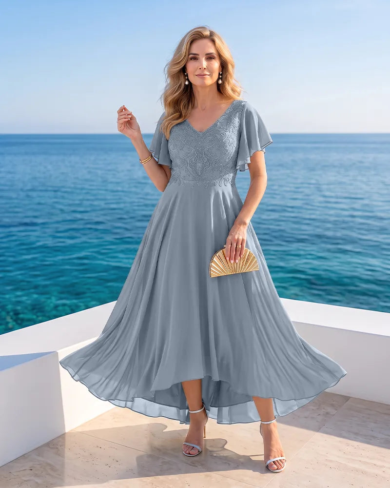 High‑Low Chiffon Mother of the Bride Dress with V‑Neck