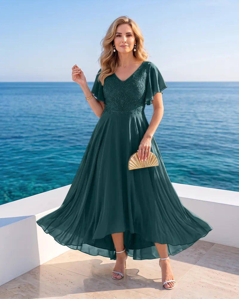 High‑Low Chiffon Mother of the Bride Dress with V‑Neck
