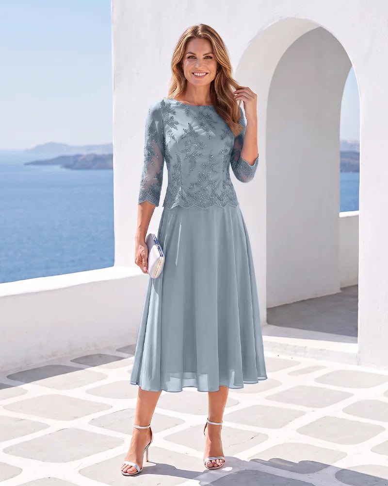 Mock Two‑Piece Chiffon Midi Mother of the Bride Dress
