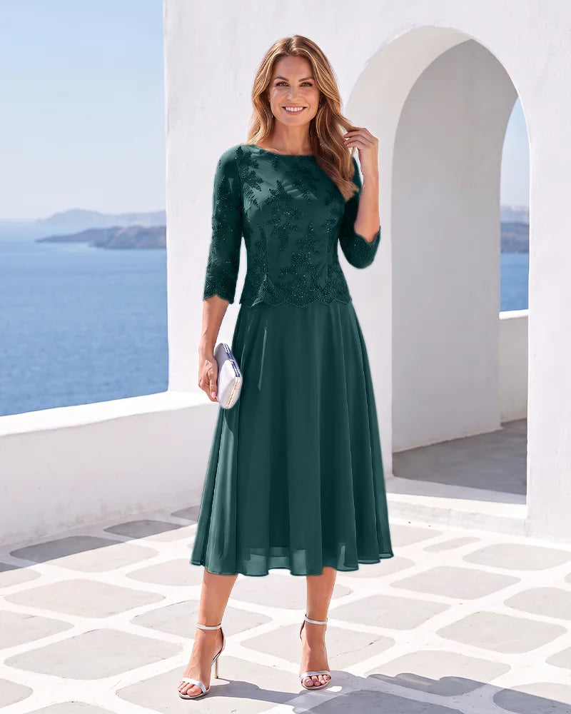 Mock Two‑Piece Chiffon Midi Mother of the Bride Dress